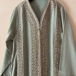 Moroccan authentic hand made Caftan in a chic classy pistachio green w/ belt.